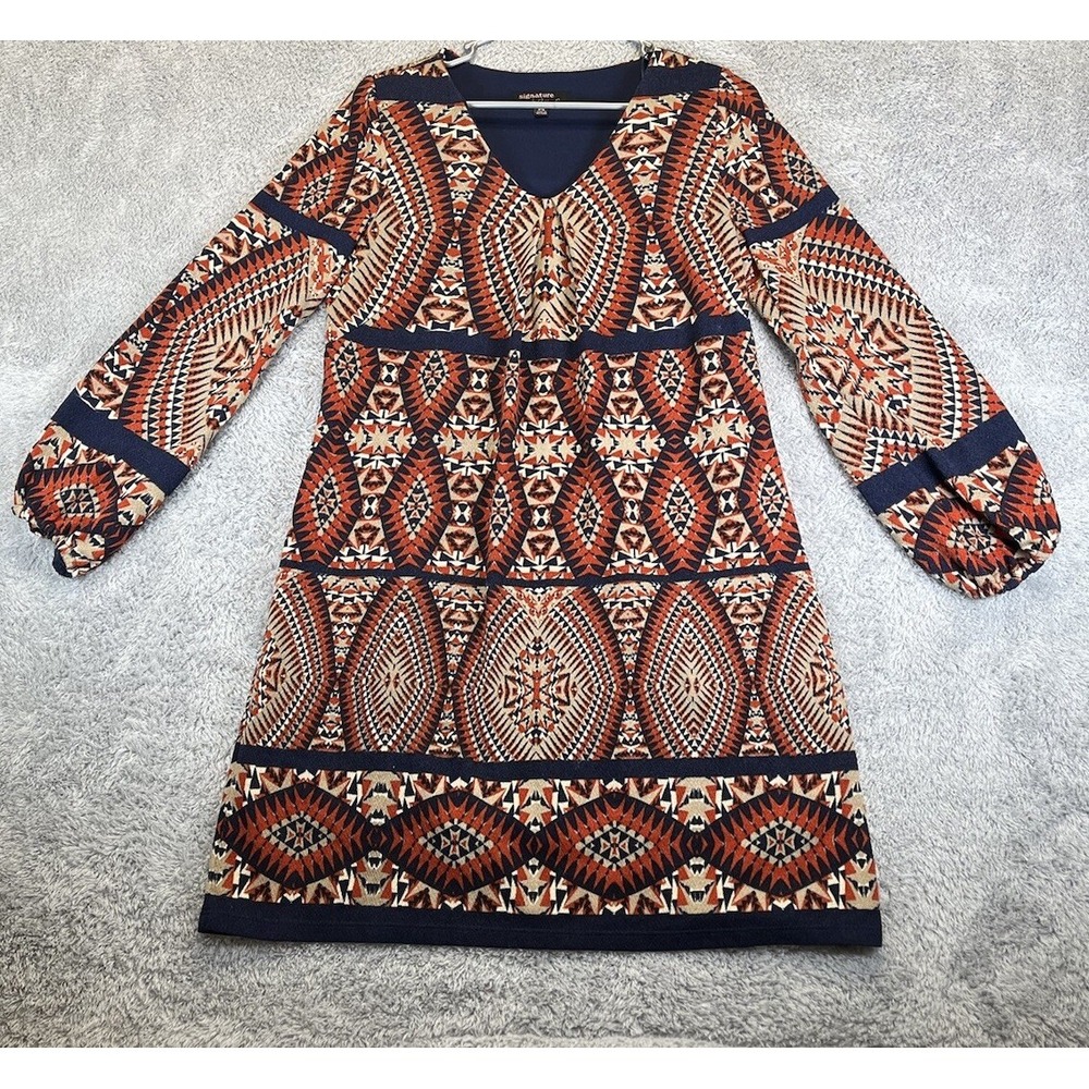 Signature Robbie Bee Petite Small Mini Dress 70's 80's Puff Sleeve Aztec Brown - Picture 4 of 10